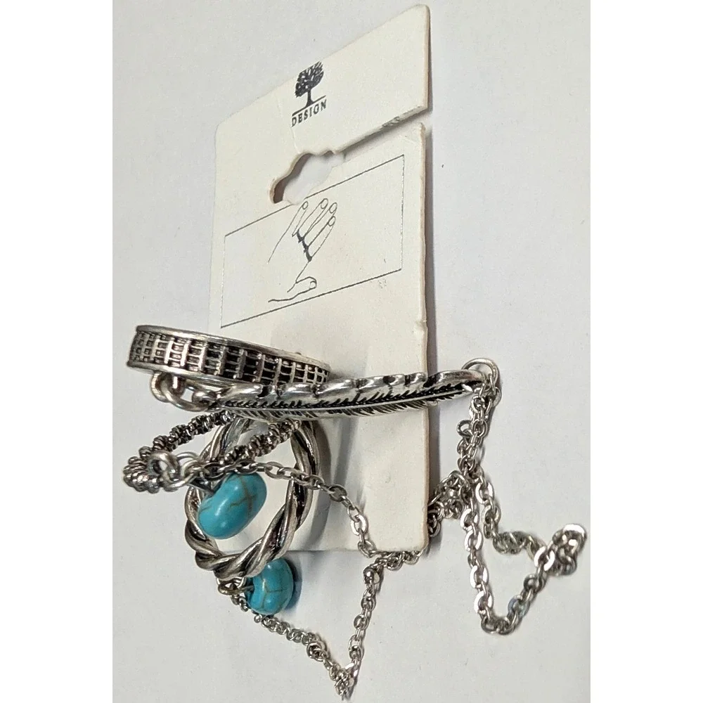 New w Tag Slave 3 Ring Set Silver Tone Faux Turquoise Feather Chain Twist Boho
